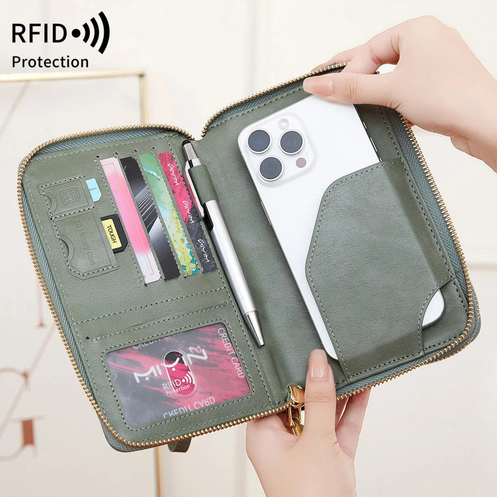 RFID multi-functional double zipper crossbody wallet in black with letter and stitching design