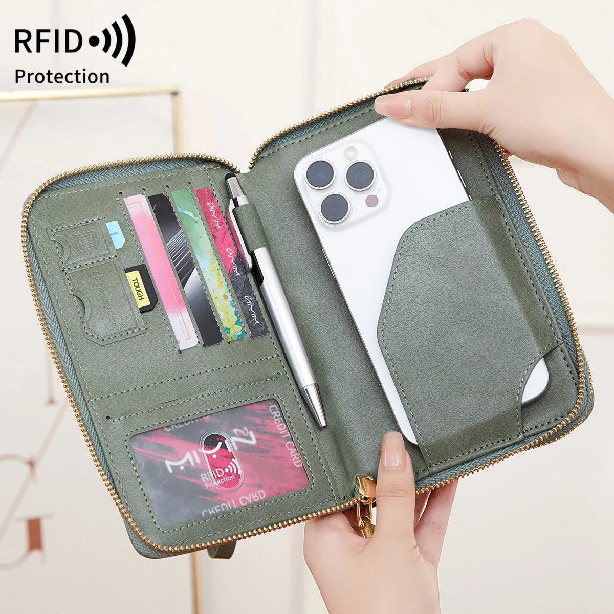 RFID multi-functional double zipper crossbody wallet in black with letter and stitching design