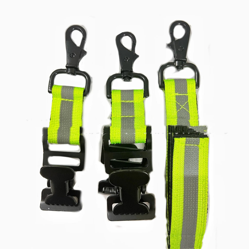 Fluorescent green fireman gloves clamp with metal buckle closure for industrial safety gear organisation