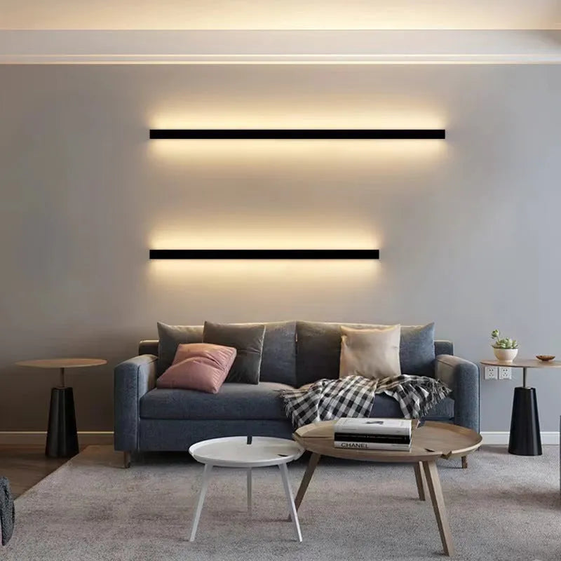 80cm long black aluminium LED wall lamp with a polycarbonate shade, showing three light colour options.