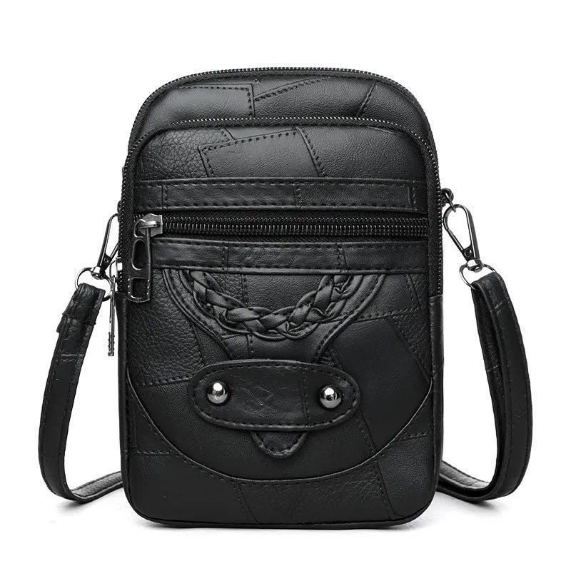 Brown retro style mobile phone bag with weaving patterns and decorative rivets on soft leather PU material