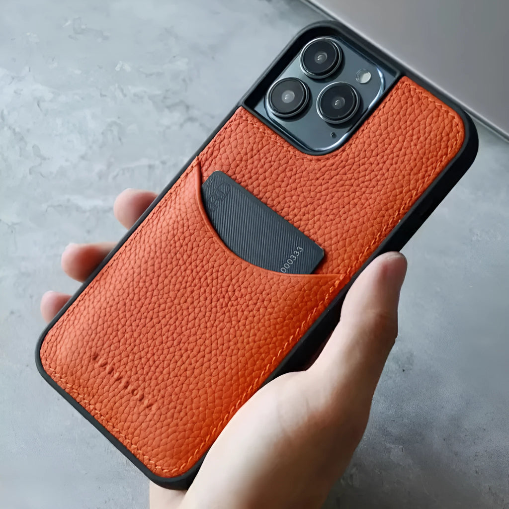 Genuine leather card holder phone case with non-slip cowhide texture for Apple iPhone, black colour