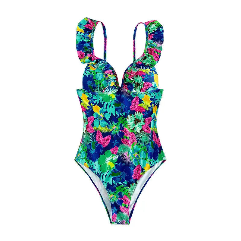 Women's backless printed one piece swimsuit with floral pattern in polyester fabric, S-XL sizes