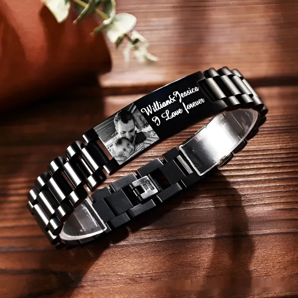 Men's titanium steel lettering bracelet with curved heart shape in black or grey options