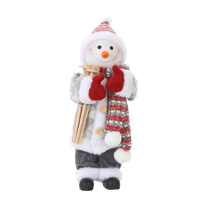 30cm Christmas doll ornament with plastic and cloth construction in red and silver sequins and snowman designs