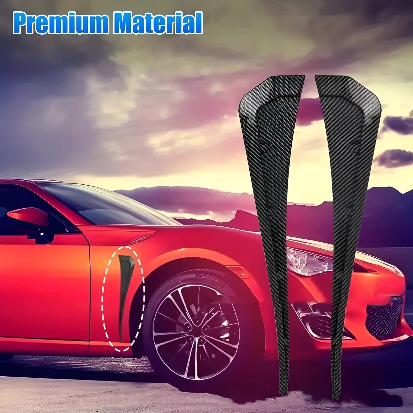 Car modification left and right fender blade side wing pair in black pack and carbon fibre rubber material