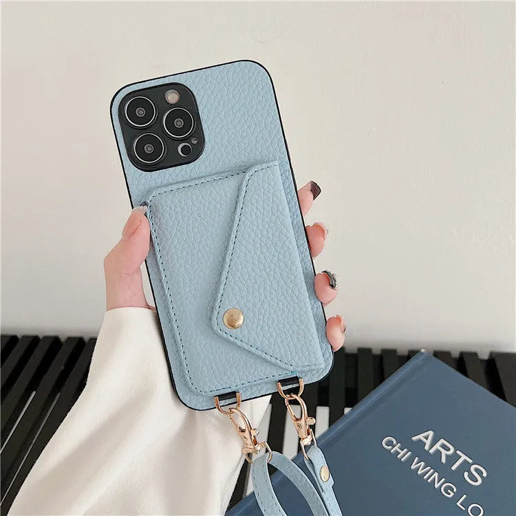Lychee pattern card holder phone case in black with diagonal card slot and long rope