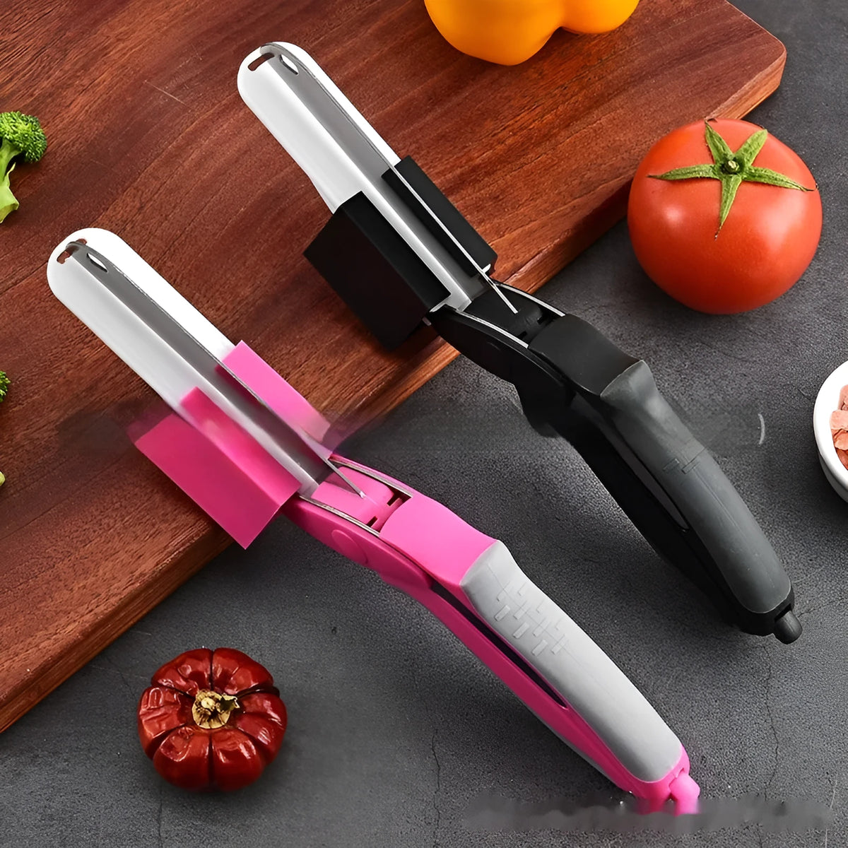 Black multifunctional 2-in-1 removable stainless steel kitchen scissors with straight head on white background