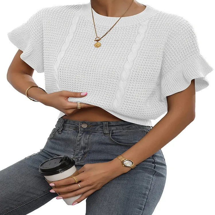 Twisted string design knitted pullover sweater with ruffled short sleeves in loose fit.