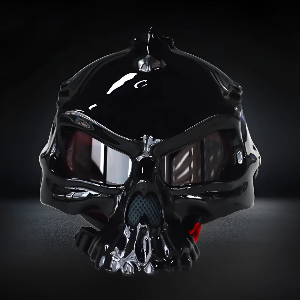 Double-sided changeable skull motorcycle helmet in ABS construction showing colour options