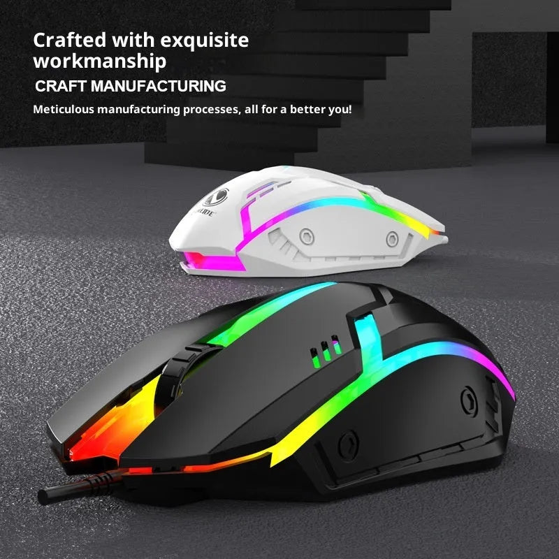 E-sports weighted wired USB gaming mouse in black on a desk