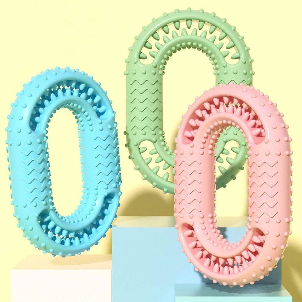 Blue green pink O-ring dog chewing toy for aggressive chewers measuring 12.5cm