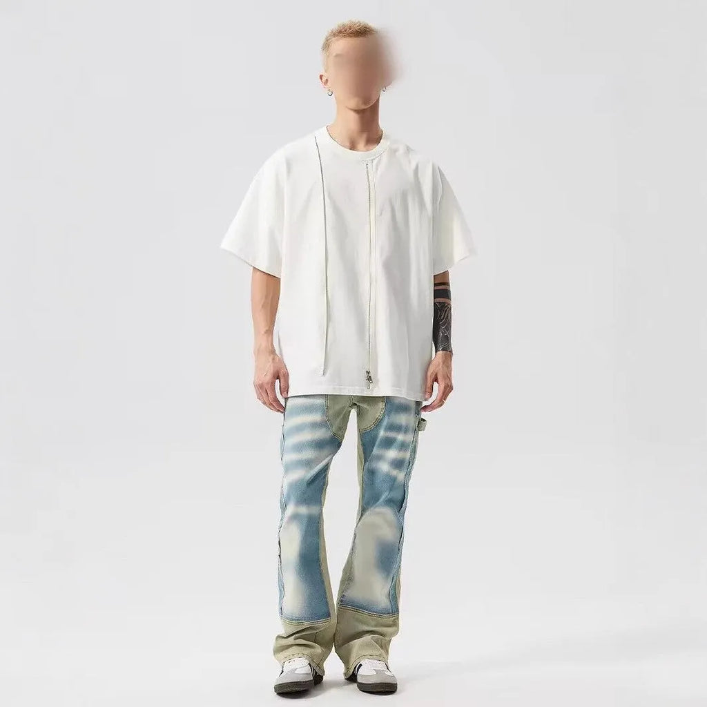 Retro dual-colour patchwork jeans with splash ink damaged design on denim trousers