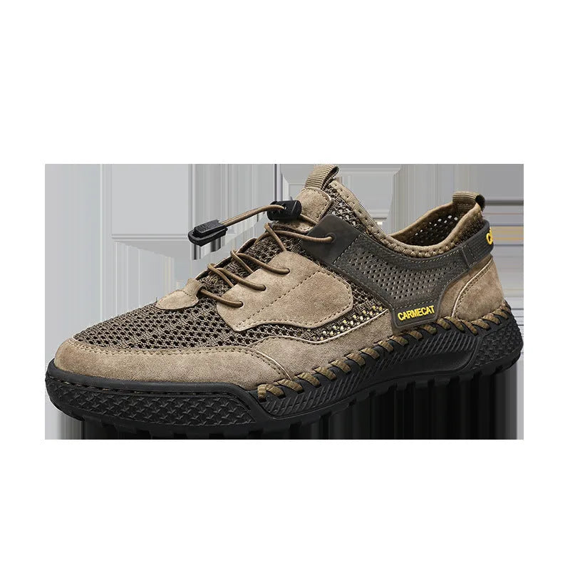 Men's brown suede low-top casual tennis shoes with a visible elastic band and hand-stitched rubber sole.