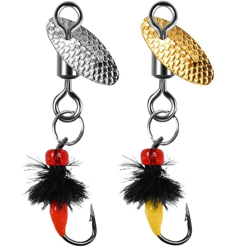 Five bionic mosquito fishing hooks with spinning sequins in multicoloured poisonous patterns