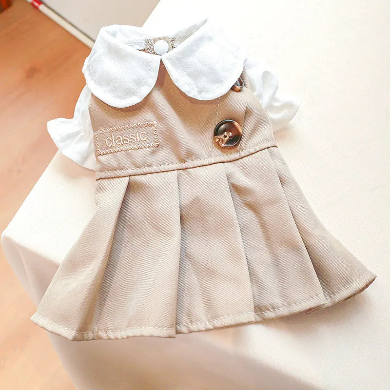 Khaki polyester trench coat for dogs on a neutral background showcasing front view and button closure