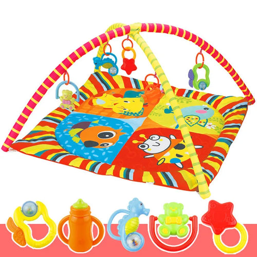 Velvet baby gymnastic blanket with colourful animal motifs for crawling and ability training.