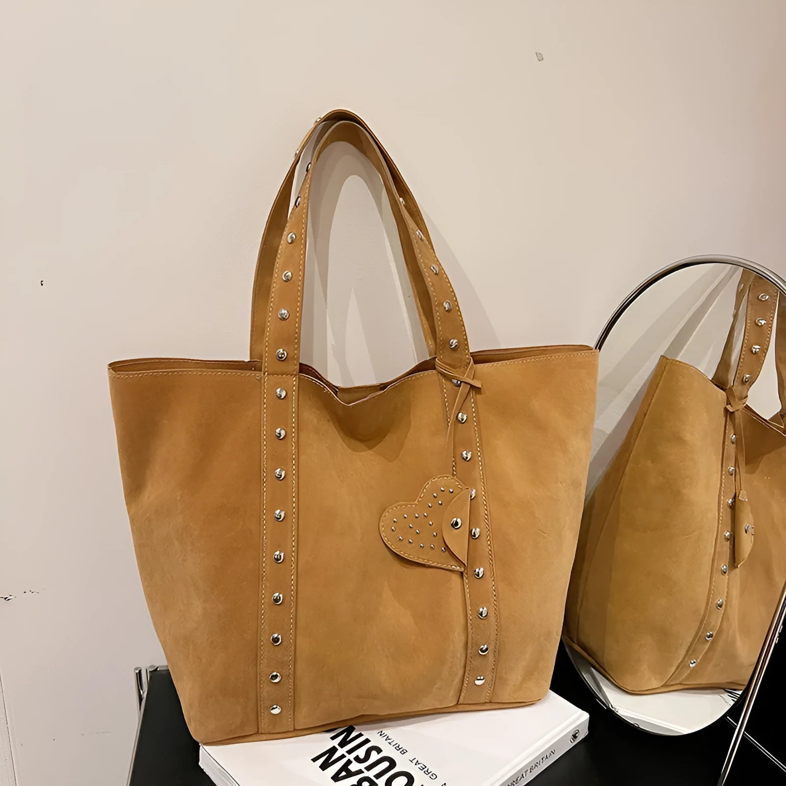 Women's PU leather tote bag with double shoulder straps in horizontal square shape