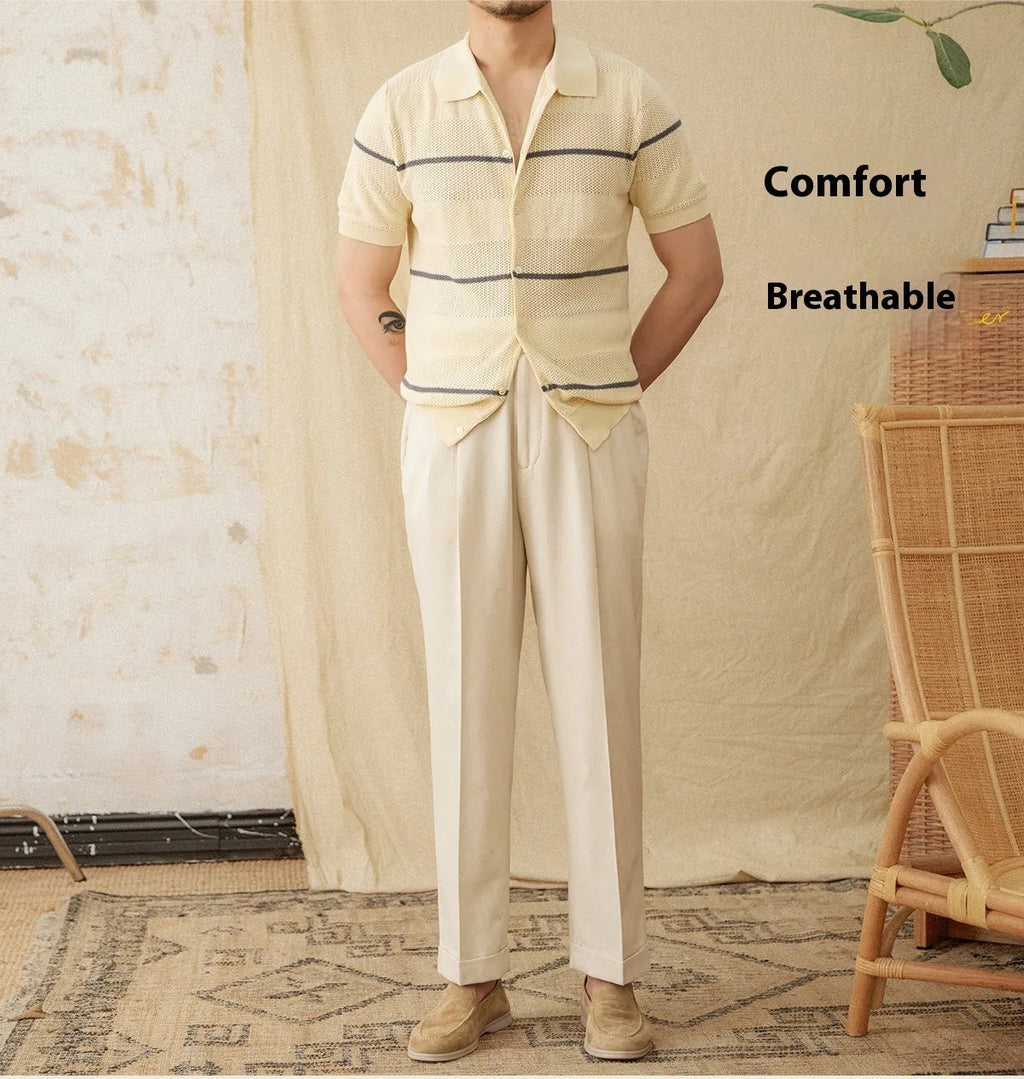 Camel coloured lapel cardigan with short sleeves and knitted cotton linen fabric