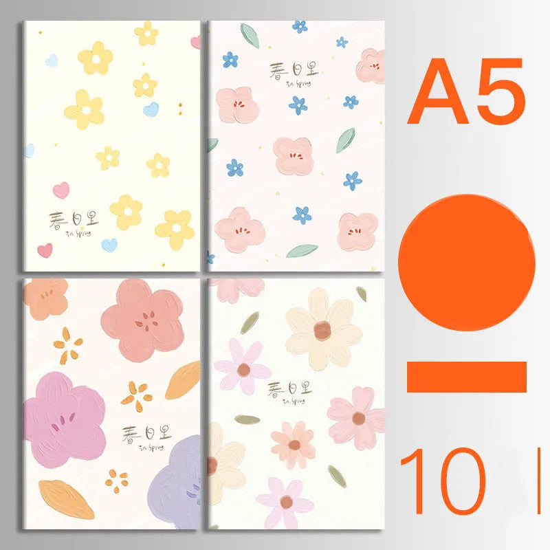 Pack of ten thread-bound A5 and B5 softcover notebooks showing multiple design styles including kraft paper and illustrated covers.