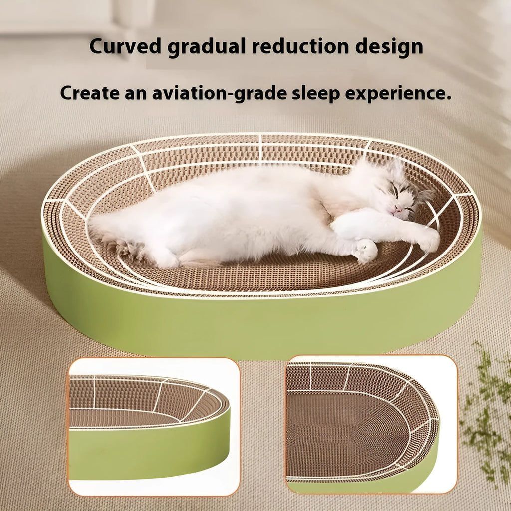 Green oval corrugated paper cat scratch board nest measuring 55cm in diameter