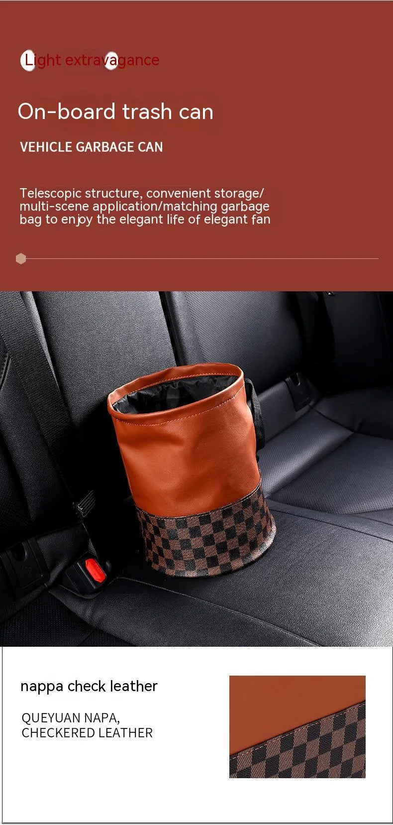 Retractable leather car bin in folded and expanded states showing handle and waterproof construction