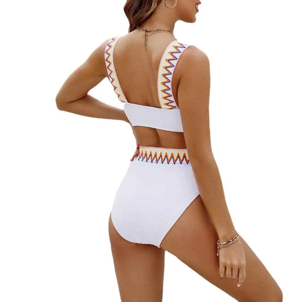 Women's black lace-up split swimsuit bikini set with high-waisted briefs