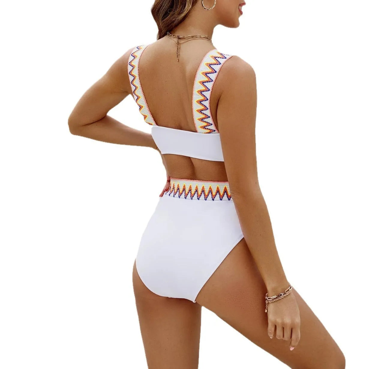 Women's black lace-up split swimsuit bikini set with high-waisted briefs