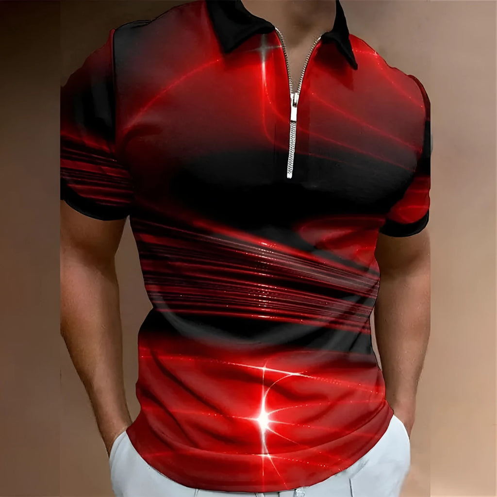 Men's blue loose fit short sleeve zipper polo shirt made from bird eye cloth.