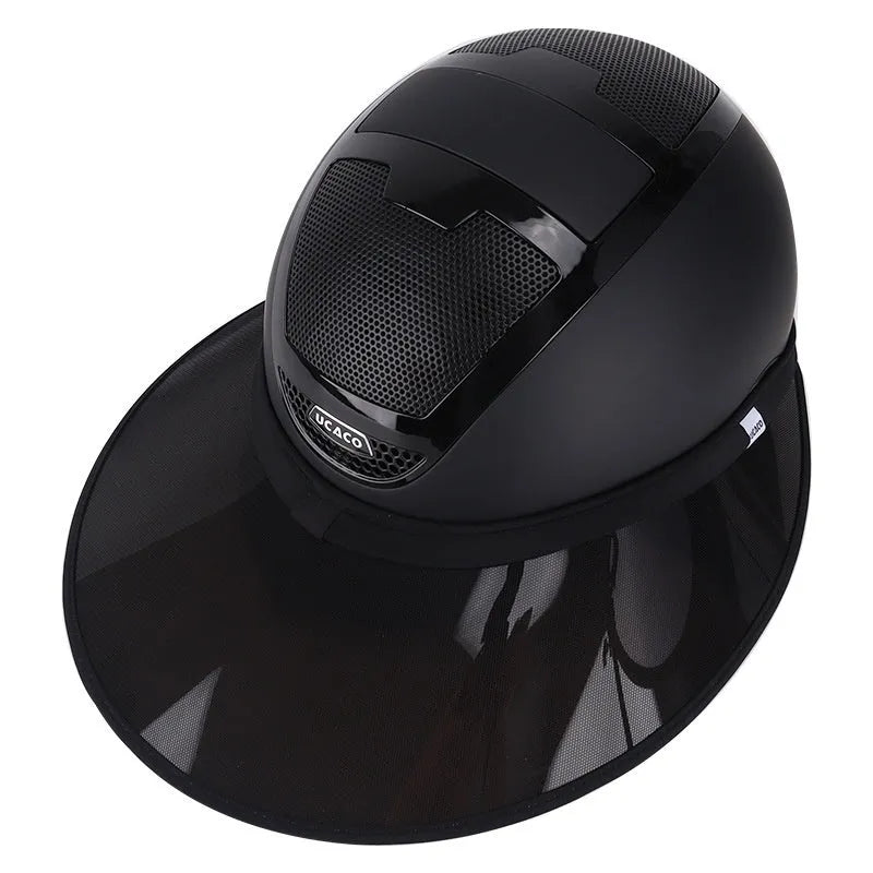 Outdoor riding helmet in black PVC with built-in sun visor, side view, sizes M and L