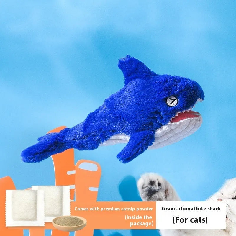 Pet electric simulation molar tooth cleaning toy USB rechargeable long wool carved velvet soft cloth Blue Shark style