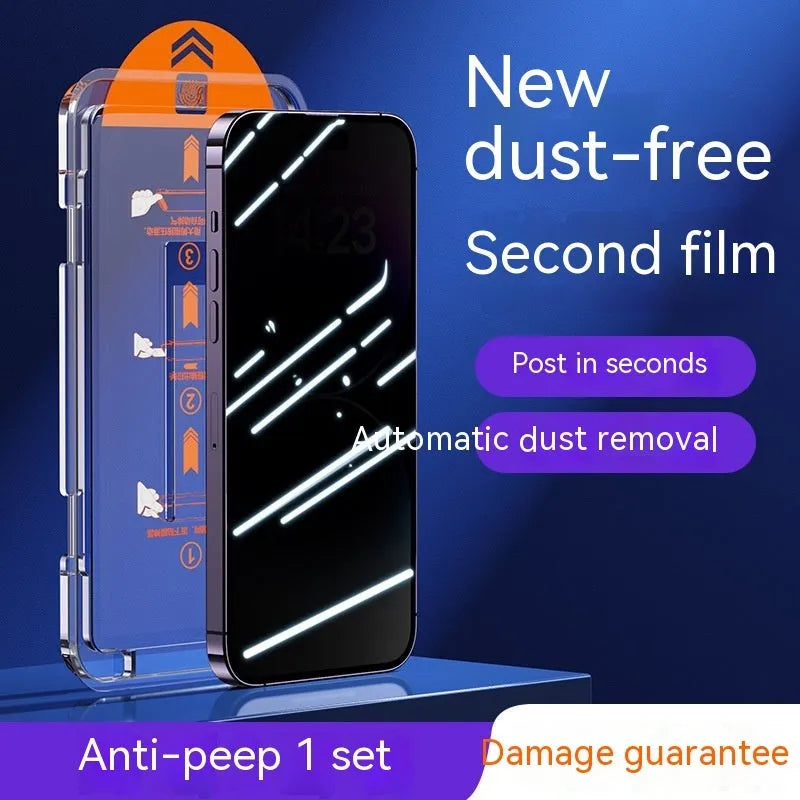 iPhone tempered glass screen protector with dust-free application kit and listening hole dustproof net.