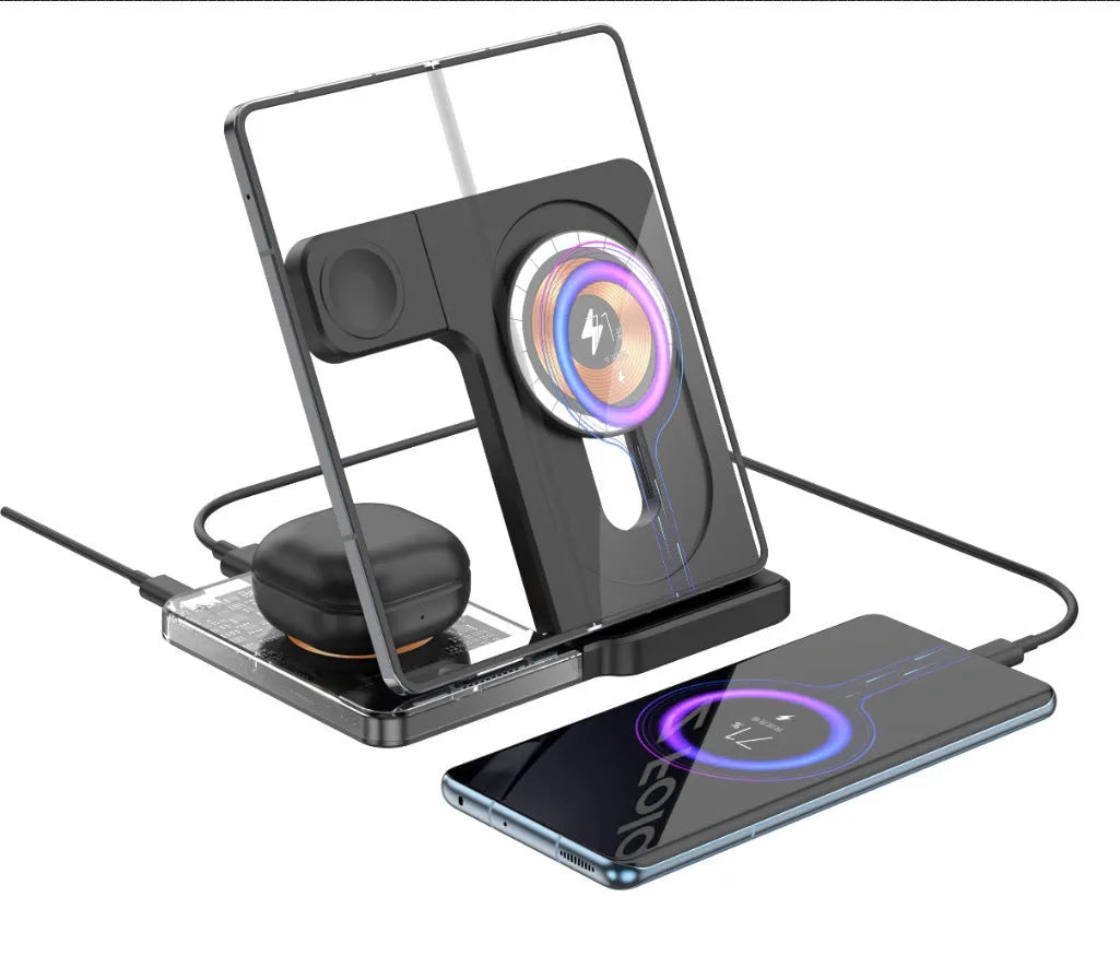 Black foldable three-in-one magnetic wireless charging stand for phones, watches, and headphones on desktop
