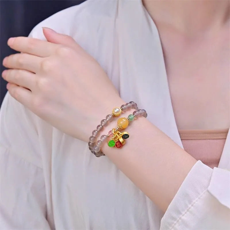 Natural gray agate bracelet with two-circle retro design for women.
