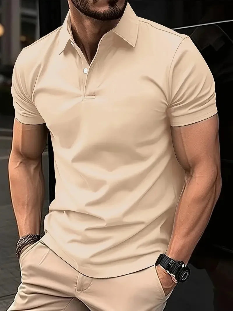Man wearing a slim-fit solid colour short sleeve button-up casual shirt in a cotton blend fabric.