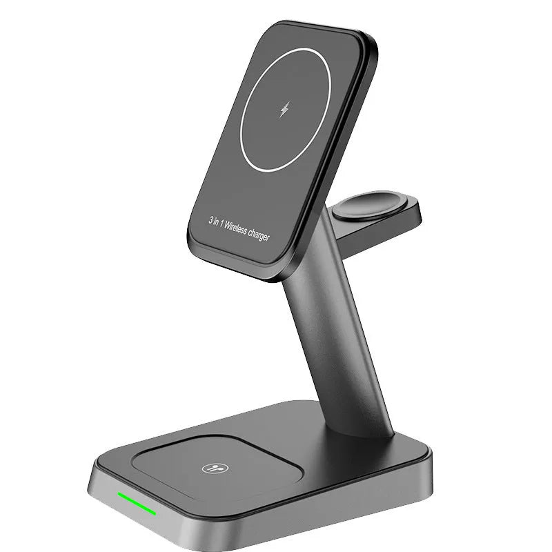 Black cube-shaped three-in-one wireless charging station for mobile phone, watch, and earbuds.