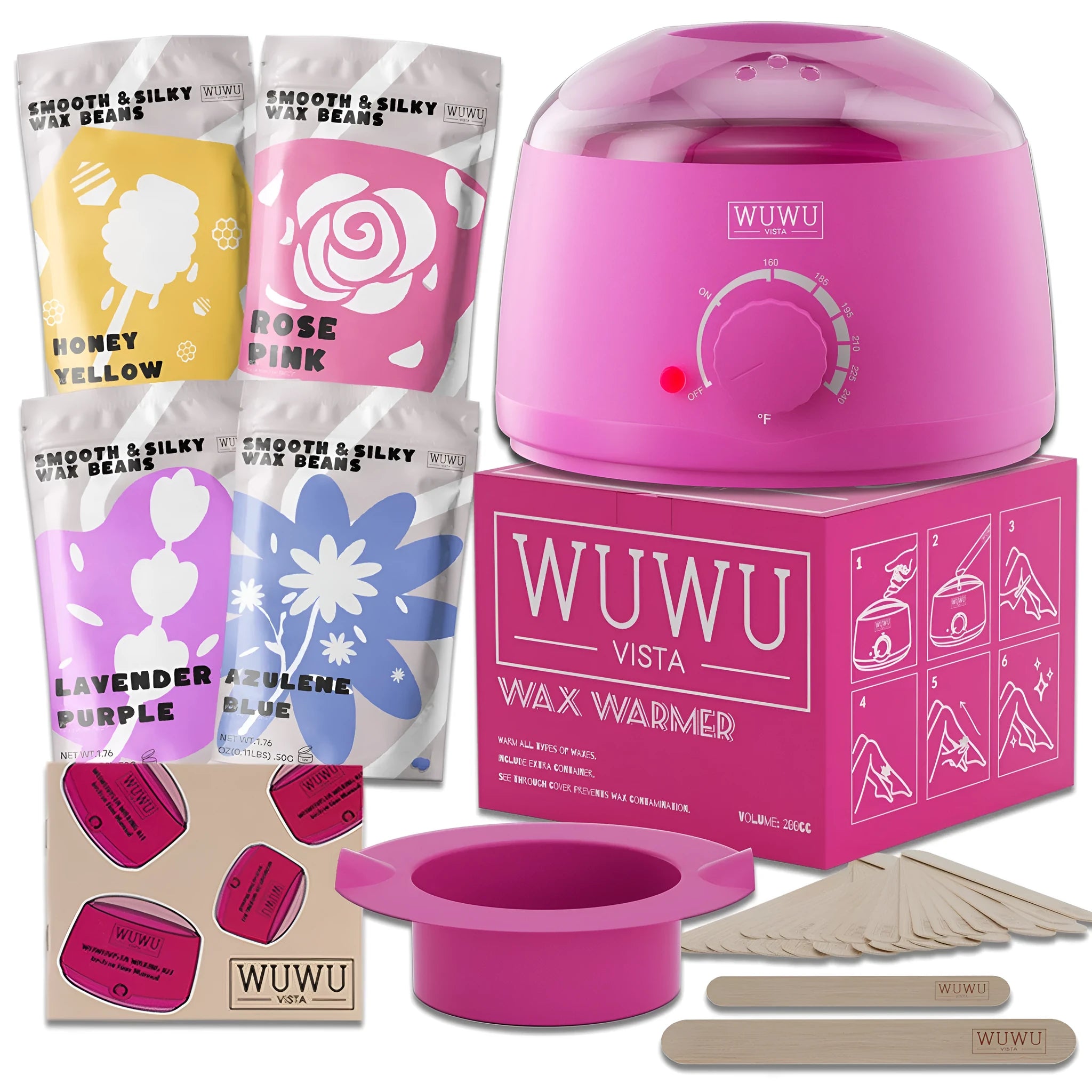 27-piece hair removal waxing kit with four coloured wax beads, wax warmer, sticks, and guidebook