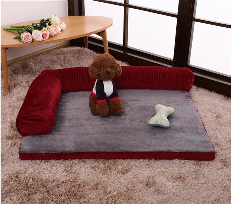 Corduroy dog bed with bolster sides in coffee colour on hardwood floor