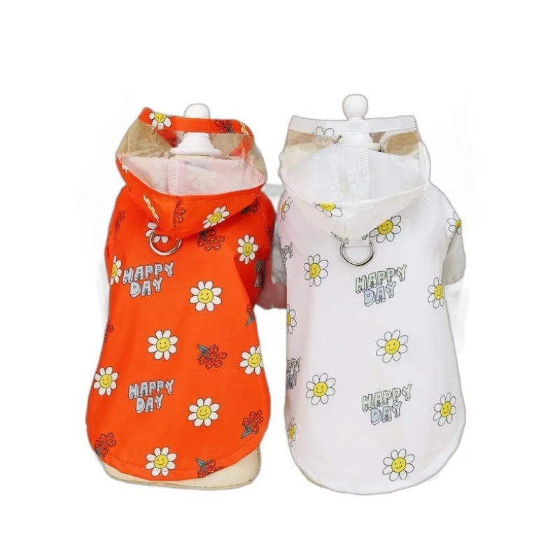 Transparent dog raincoat with two feet coverage and pull ring closure in small flower pattern