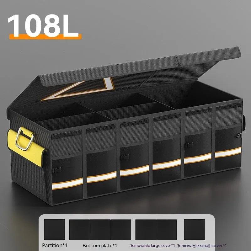 Black and yellow foldable fabric car boot storage organiser bag with handle in three size options.