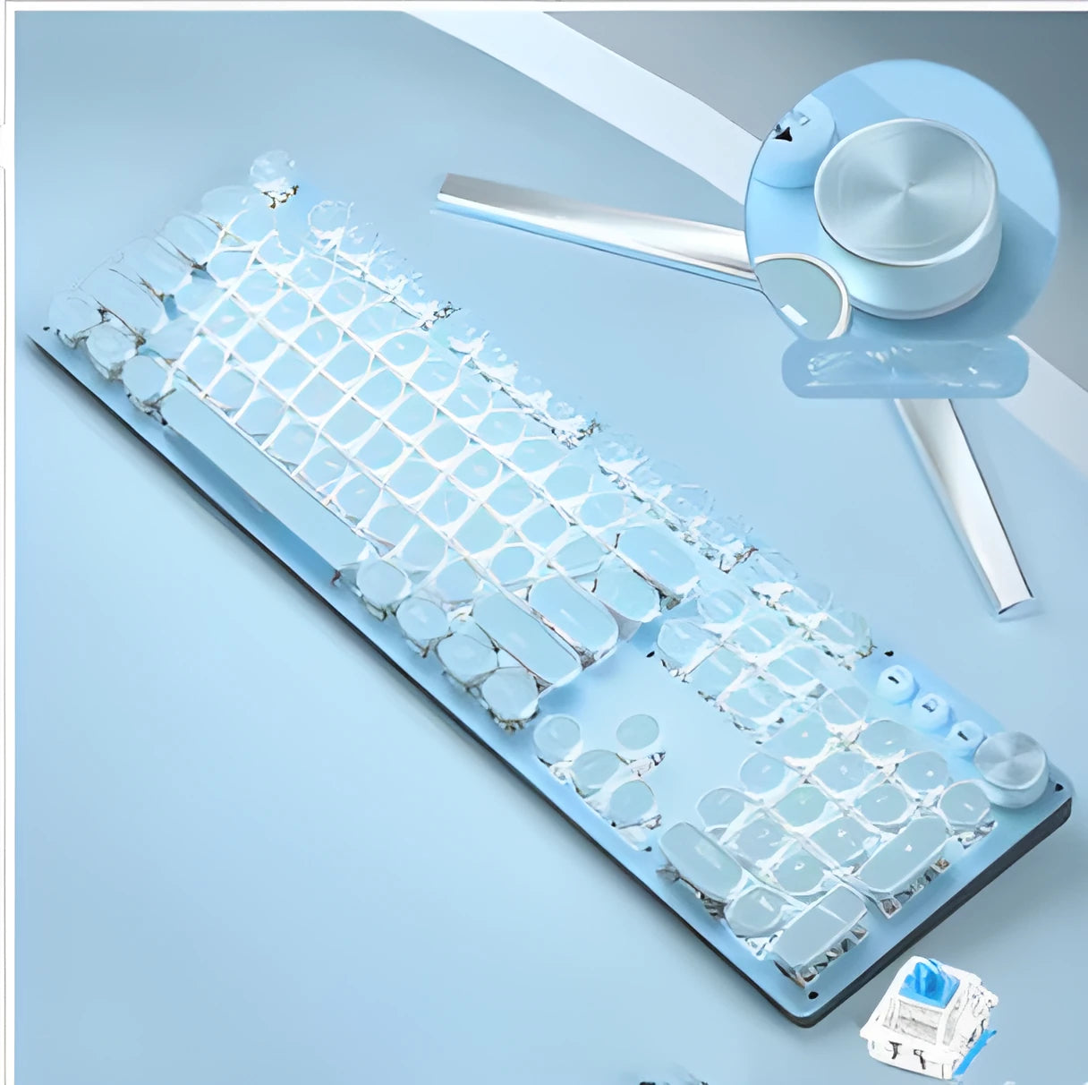 Sky blue retro punk mechanical keyboard with white backlight and green switches alongside wired mouse on a wooden desk