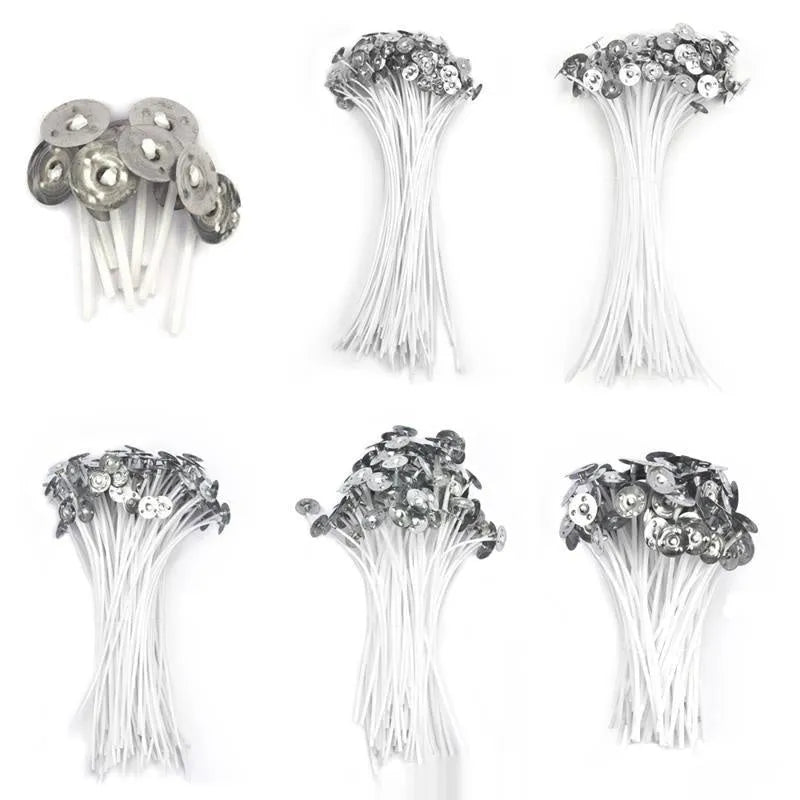 White cotton candle wicks showing three length options: 2.6cm, 6cm, and 8cm for DIY candle making