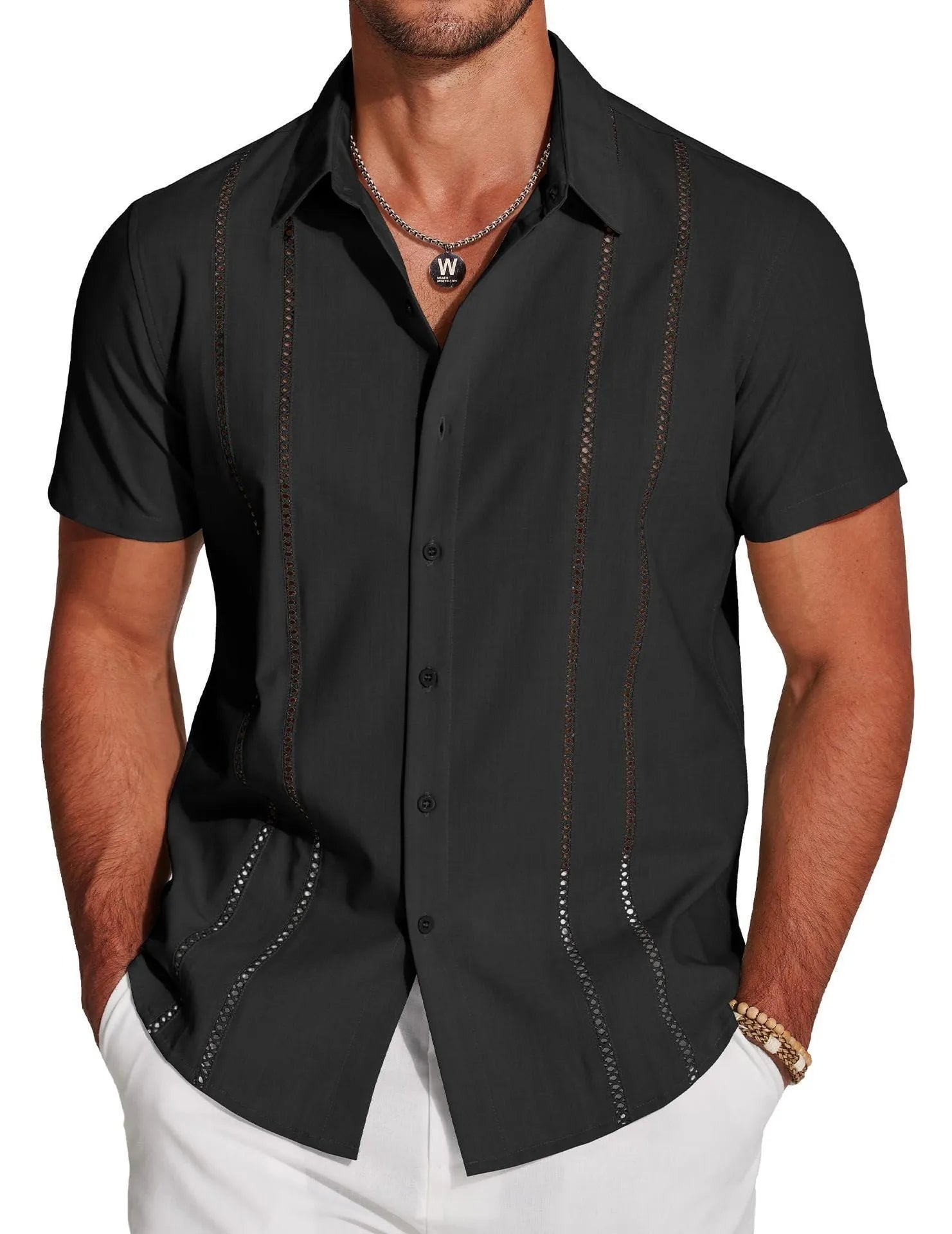 Men's slim fit Hawaiian short sleeve shirt with digital print pattern and elastic band detail.