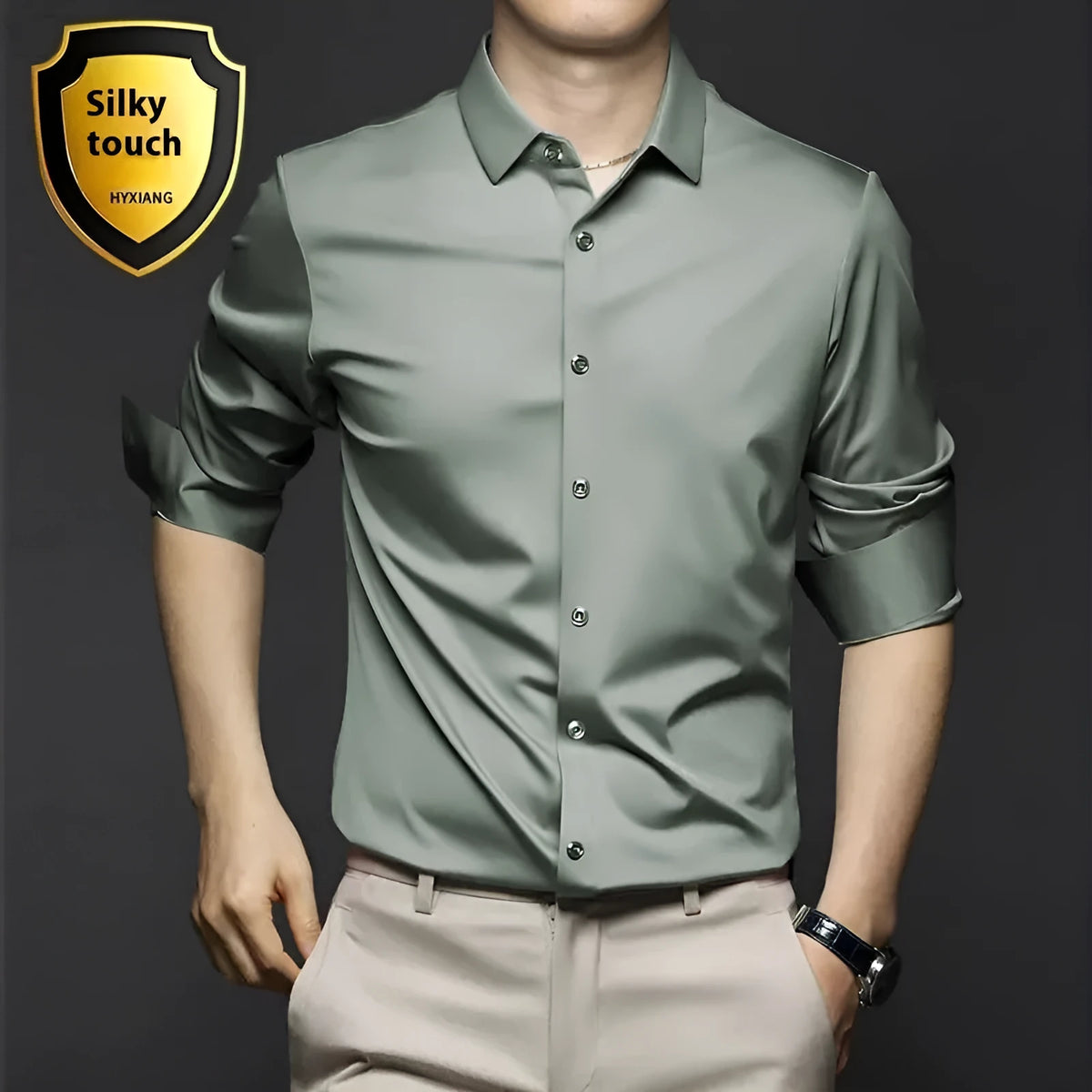 Business high-end ice silk cardigan in solid colour with lapel collar, slim fit, long sleeves