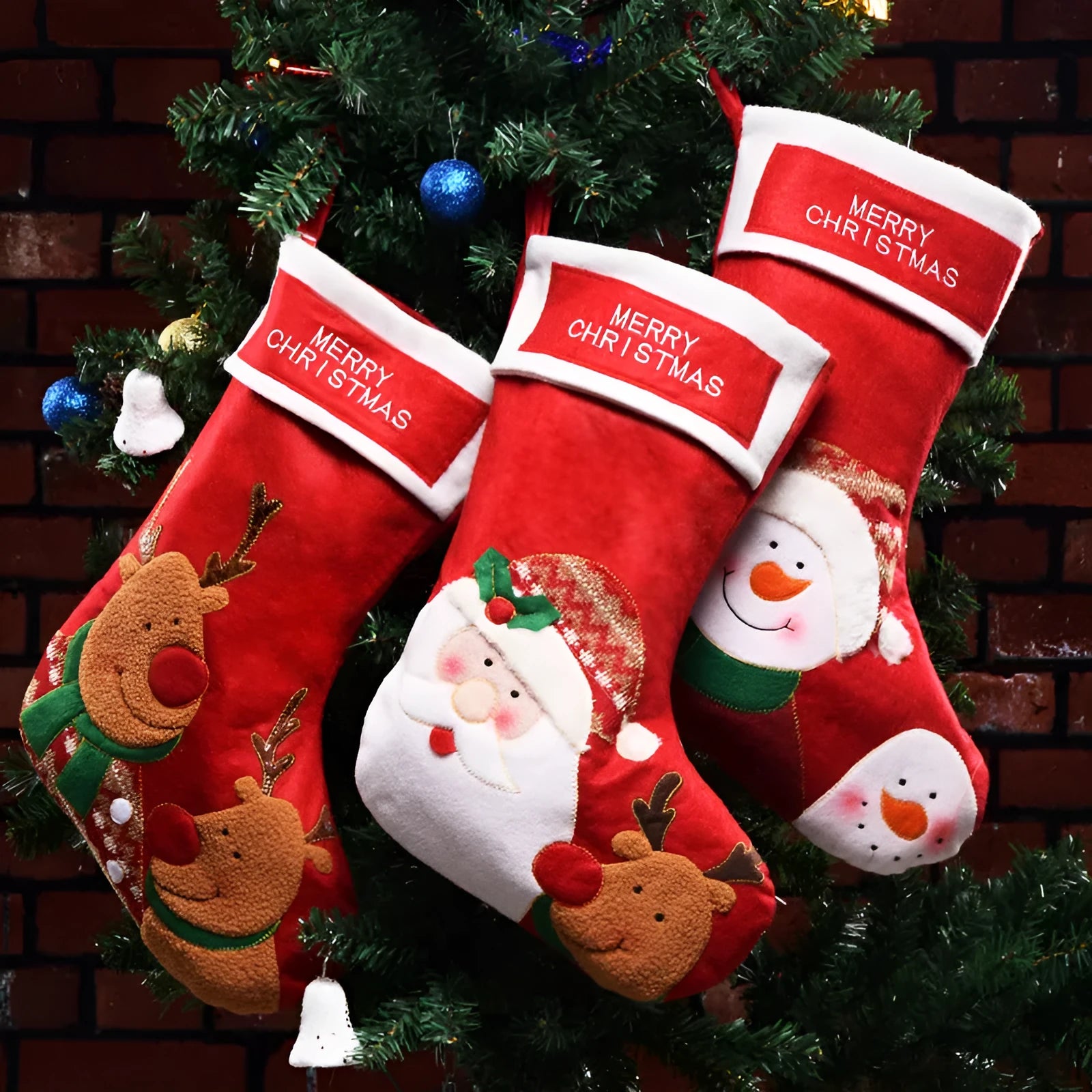 Red Christmas stocking with elk and snowman pattern, made from non-woven fabric with hanging loop.