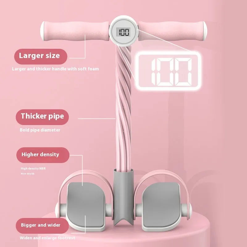 Blue portable intelligent foot pedal pull device for home fitness on a wooden floor.