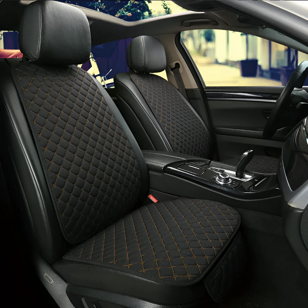 Linen car seat cushion with elastic securing straps in multiple colour options