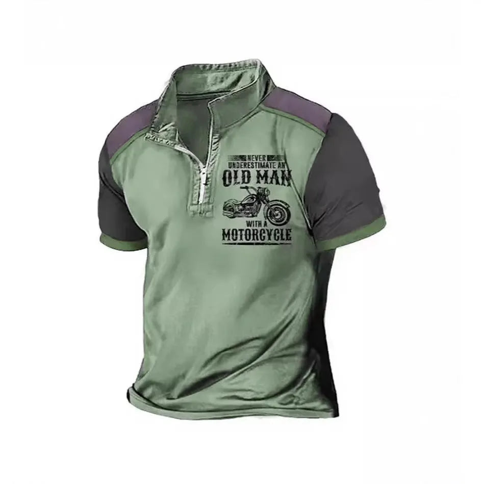 Men's casual lapel polo shirt with digital letter print and zipper decoration detail on sleeve.