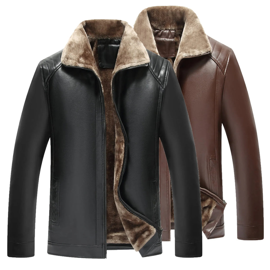 Men's fur-lined artificial leather jacket slim fit winter coat side pockets brown
