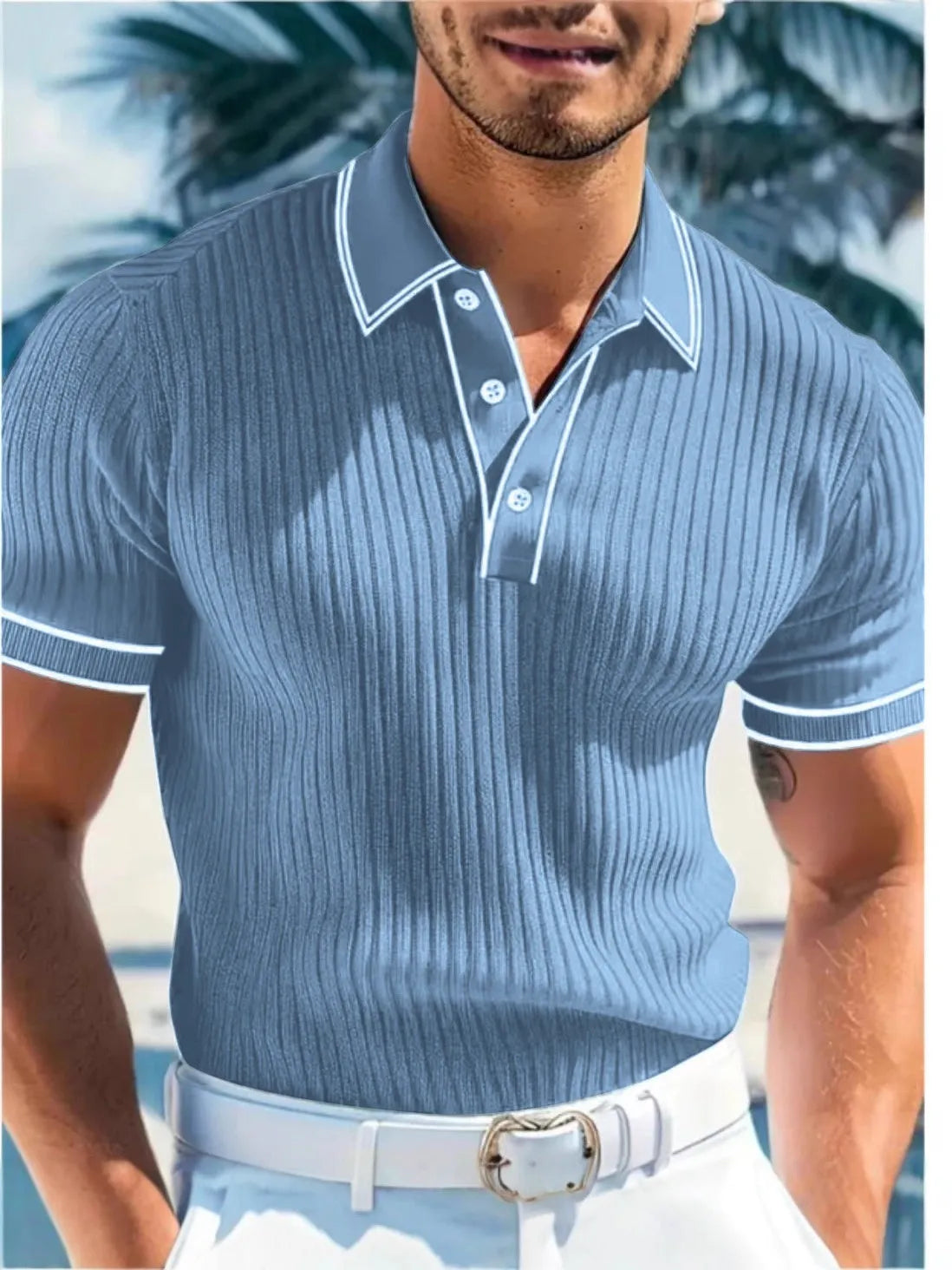 Men's striped polo shirt with short sleeves in loose summer fit available in multiple colours